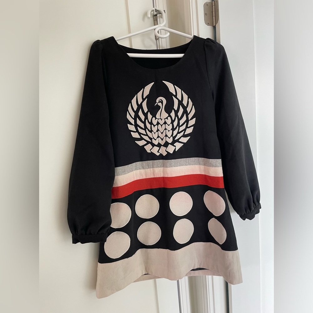Black Long Sleeves Dress with an Embroidered Cream Bird, White Dots and Stripes